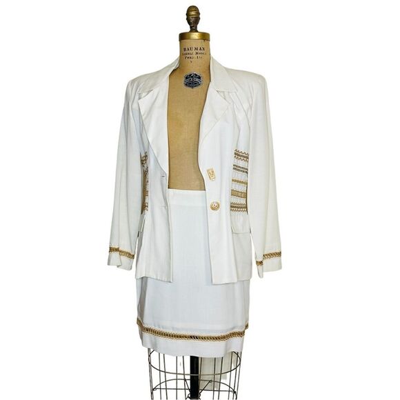 Vtg Nina K 90s cream rayon mix embroidered beaded cut out skirt suit size Small - Picture 4 of 16